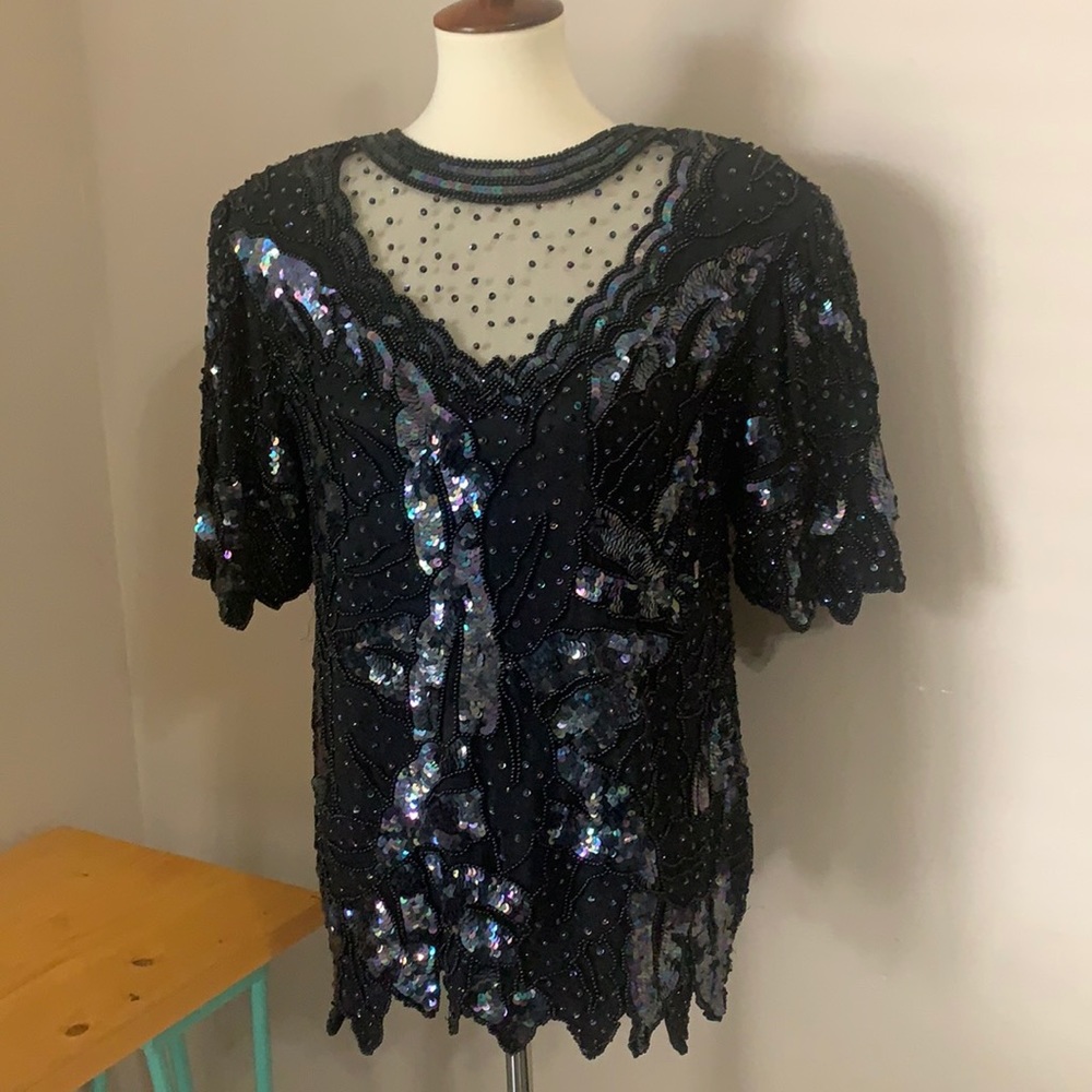 Vintage Monika Sequin Beaded Leaf Holiday DressTop